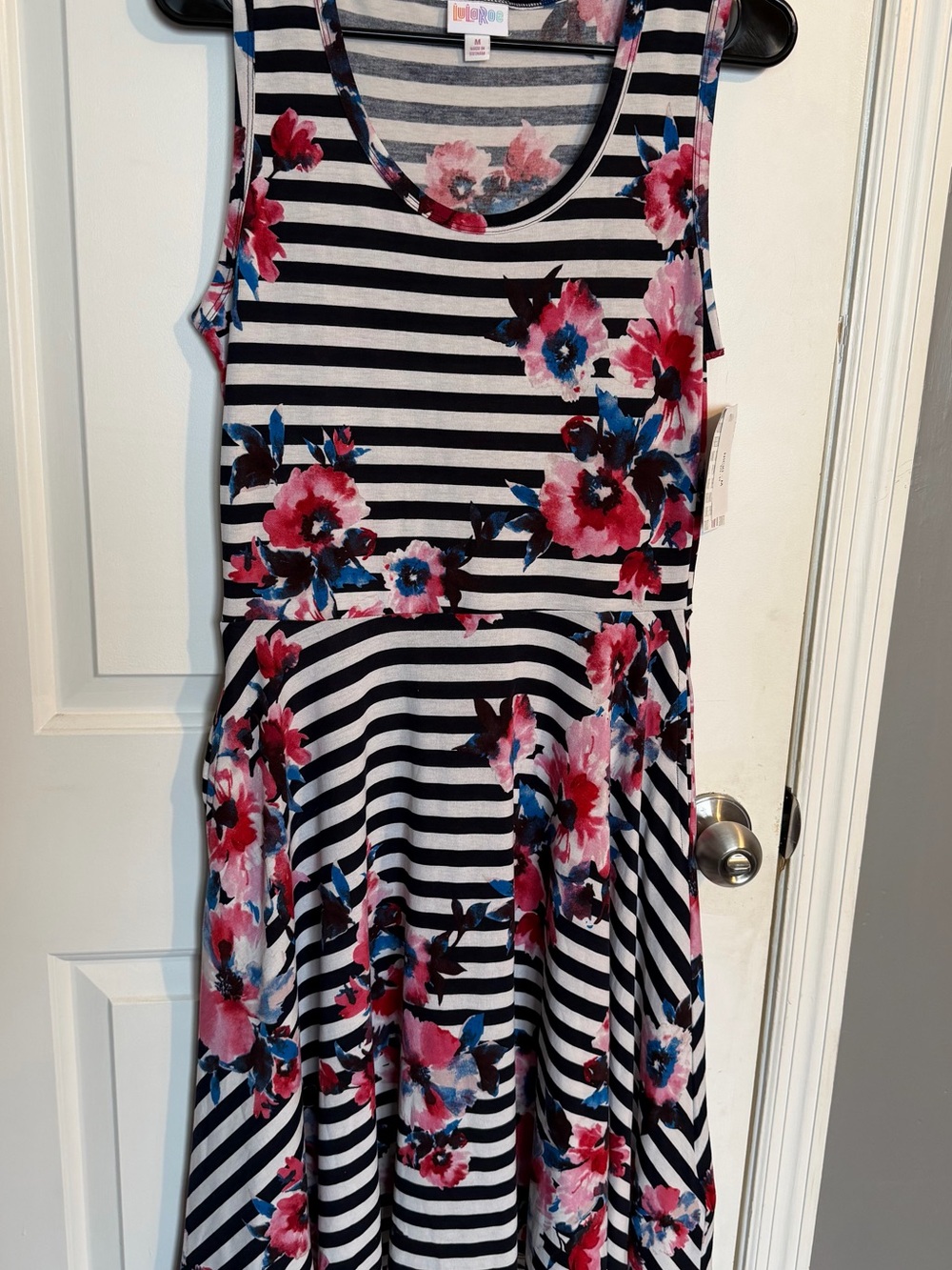 LuLaRoe Nicki Black & White Striped Dress with Pink & Blue Floral Print